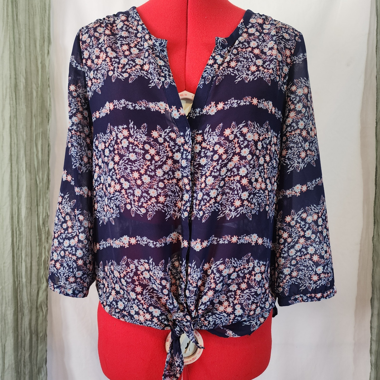 Maurice Blue Floral Button Up With Tie Mid Sleeves Slight Shear Size M
